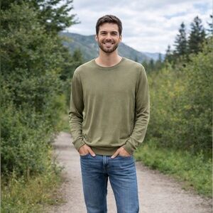 Frank and Oak Olive Green Lightweight Knit Sweater, Men’s, Unisex